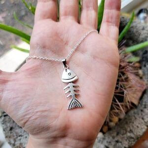 Classic Silver Fish Bone Skeleton Bones Necklace